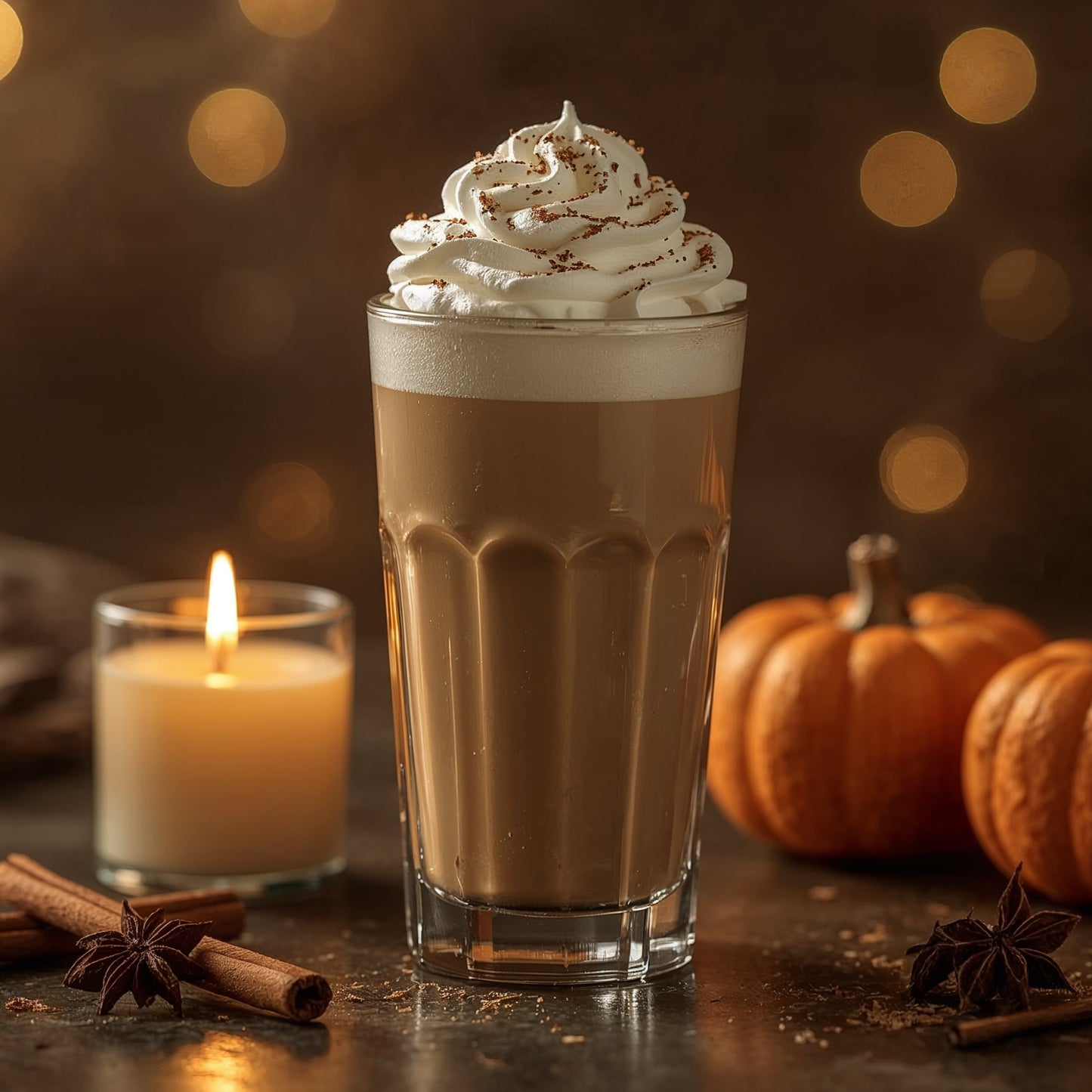 Glass of pumpkin spice latte with whipped cream, surrounded by pumpkins and a candle on a dark background.
