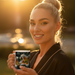 Woman holding a mug with a floral design, standing outdoors with a sunset in the background.
