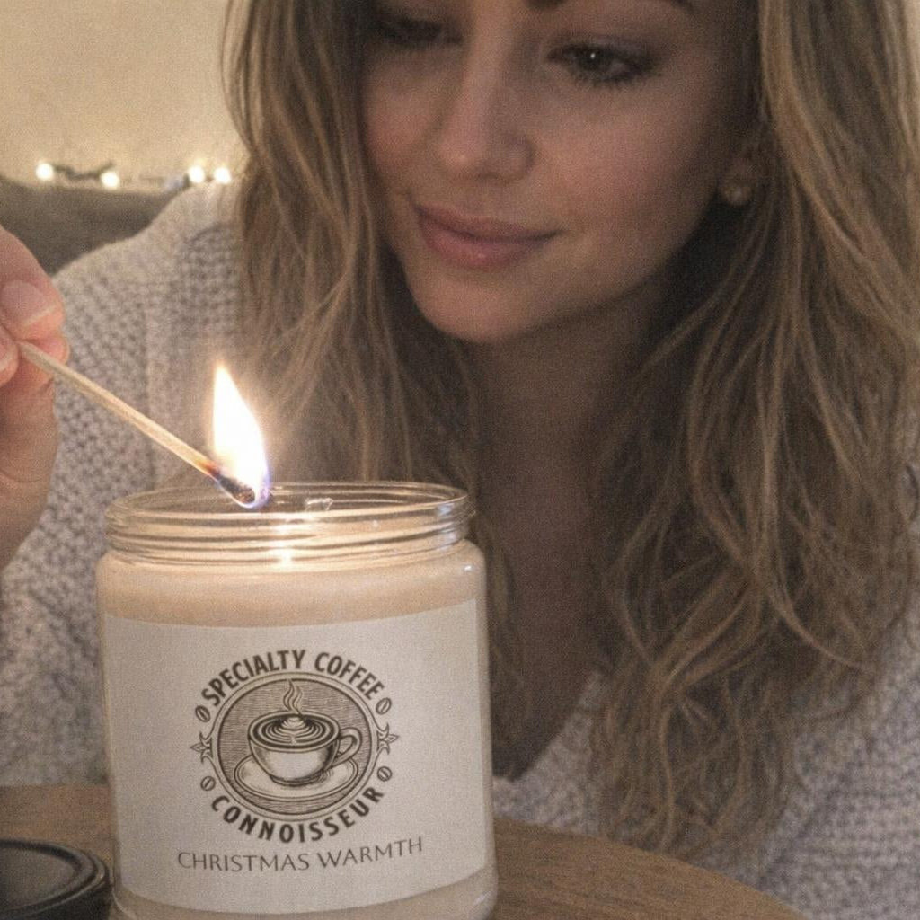 Woman lighting a candle labeled 'Christmas Warmth' with a match.